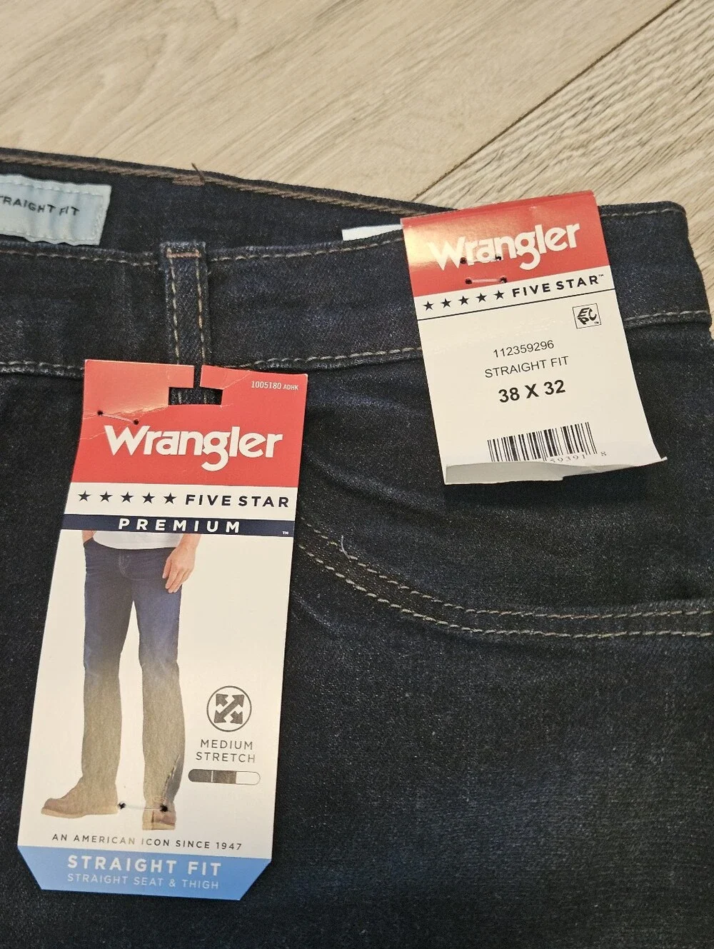 Wrangler Five Star Premium Men's Straight Fit Jeans 38x32 Dark Wash Stretch NWT